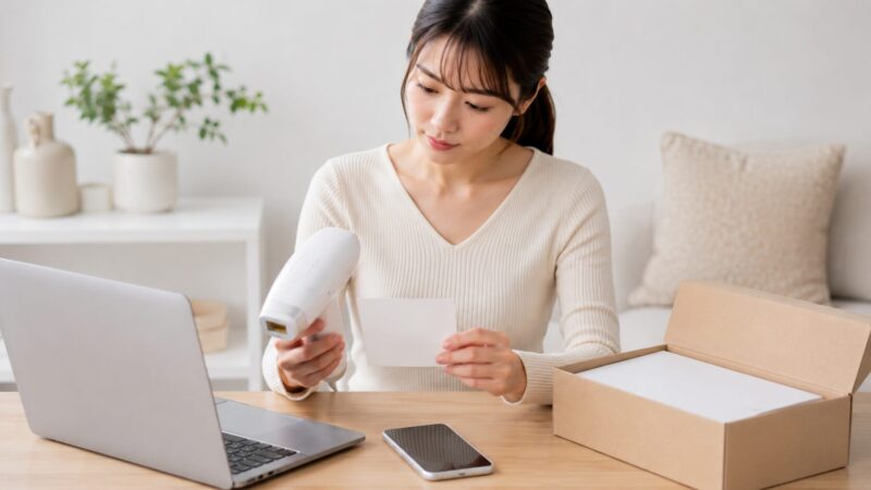 家庭用脱毛器の購入先と保証を確認する女性