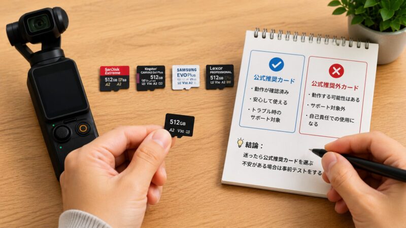 Osmo Pocket 3用に公式推奨カードと推奨外カードを比較して確認する様子