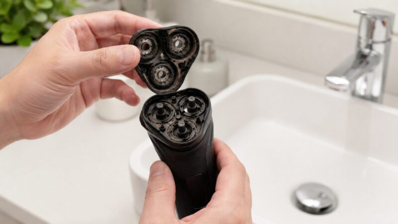 回転式シェーバーの刃に詰まった汚れと摩耗を確認する様子