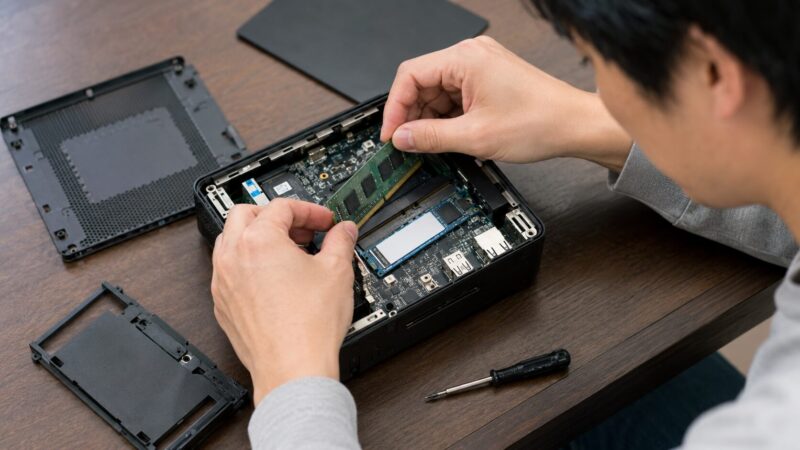 ミニPCの内部パーツやメモリ増設を慎重に確認する手元