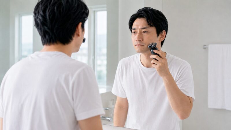 　回転式シェーバーを円を描くように使う日本人男性