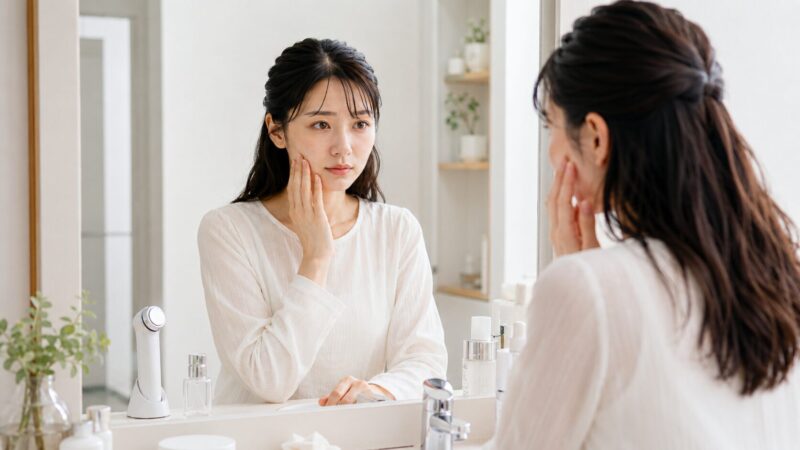 美顔器の効果を実感できるか鏡の前で確認する女性