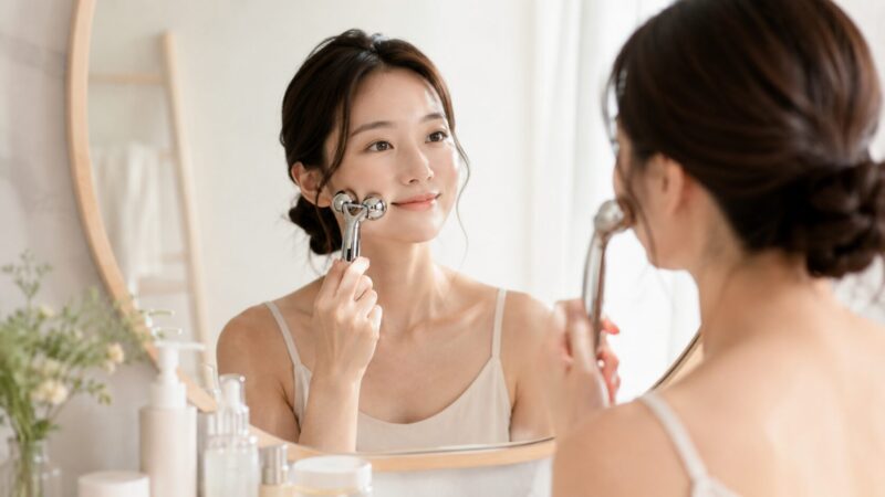 美容ローラーをスキンケア習慣としてやさしく使う女性