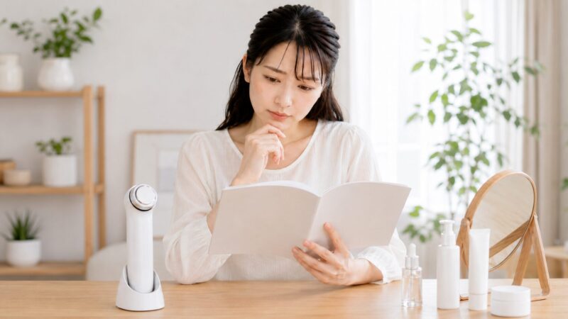美顔器を医療目的で使わないため説明書を確認する女性