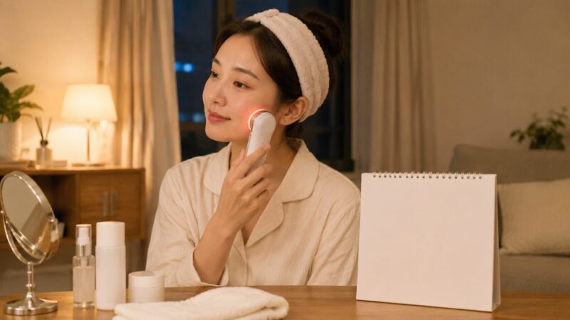 美顔器を継続して使うスキンケアルーティン中の日本人女性
