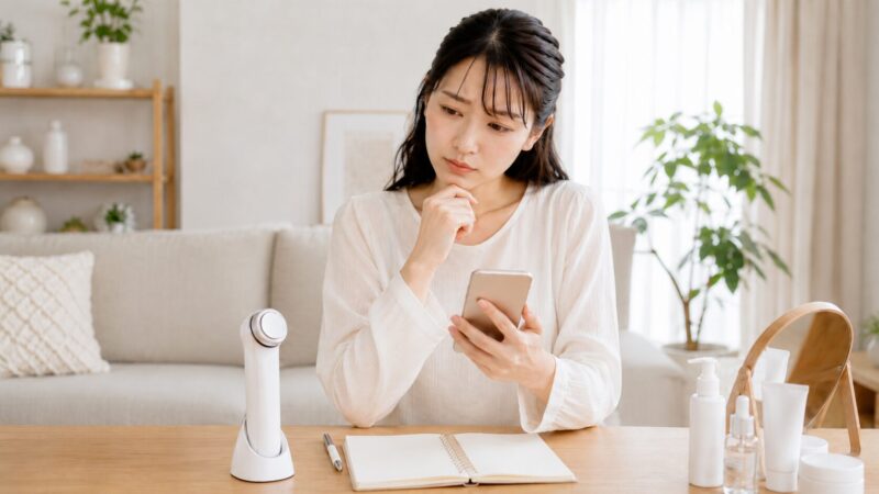 美顔器の口コミや評価をスマートフォンで確認する女性