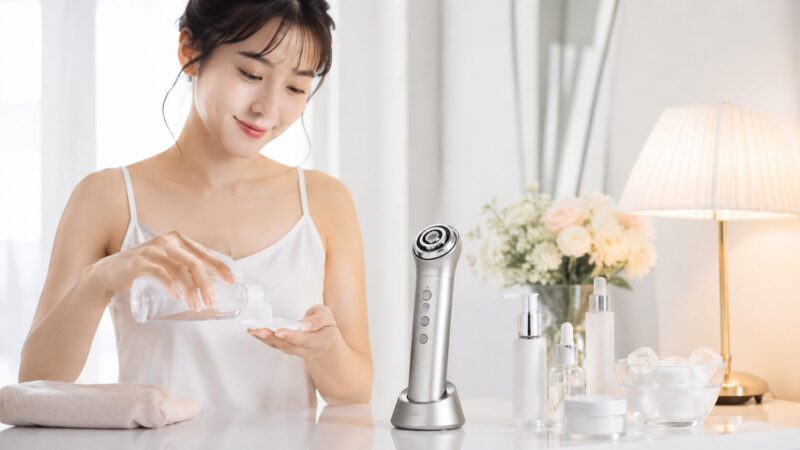 多機能美顔器でスキンケアを楽しむ日本人女性のイメージ