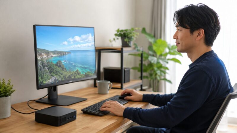 低価格ミニPCでネット閲覧や動画視聴をする日本人男性