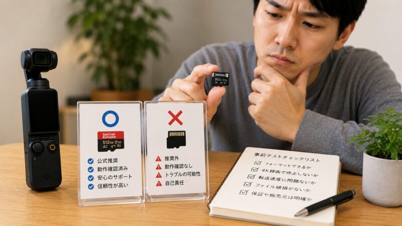 Osmo Pocket 3用のmicroSDカードを価格だけで選ばず慎重に比較する様子