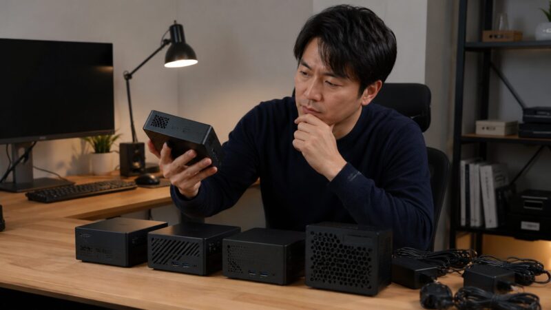 複数のミニPCを並べて保証や冷却性能を比較する日本人男性