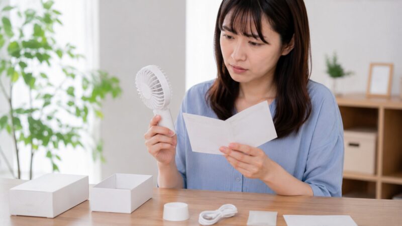 取扱説明書を確認して安全対策のあるハンディファンを選ぶ様子