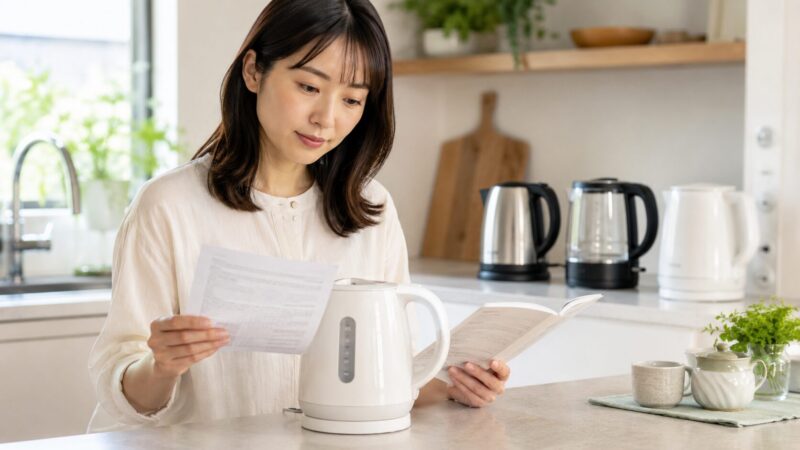 電気ケトルの安全性を断定せず素材情報を慎重に確認する日本人女性