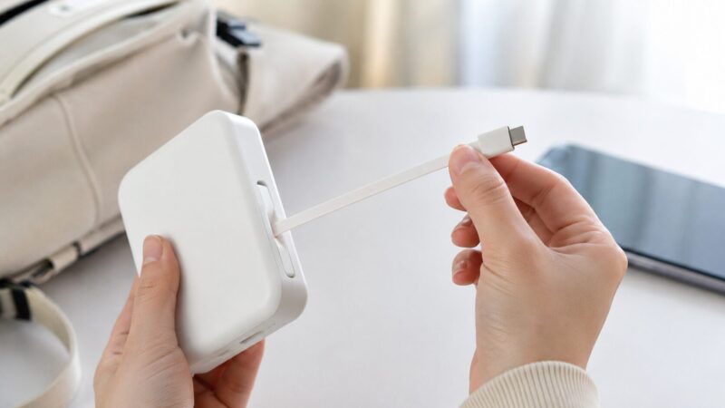 巻き取り式USB-Cケーブルを引き出して使うモバイルバッテリー