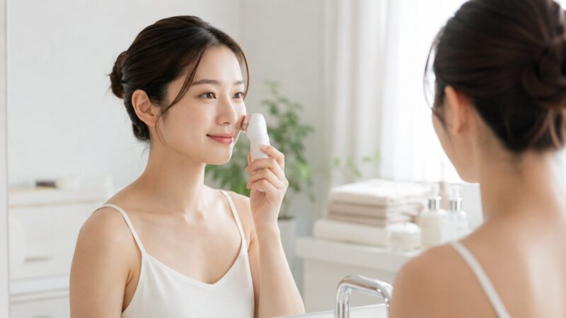 強い刺激が不安な人向けにコンパクトなメディキューブ美顔器を試す日本人女性