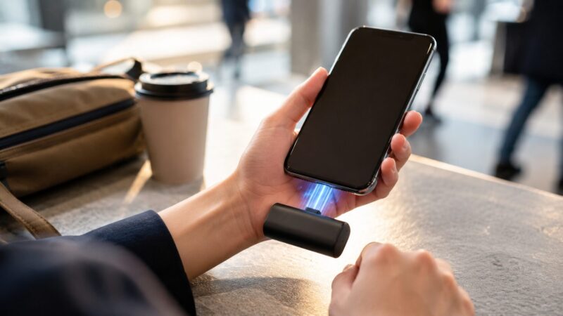 外出先で急速充電タイプの直挿しモバイルバッテリーを使う様子
