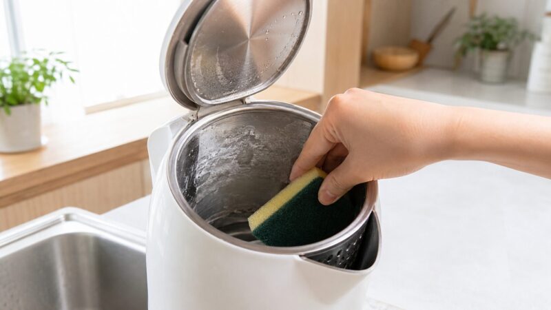 電気ケトルの内側に付いた水あかを掃除している手元