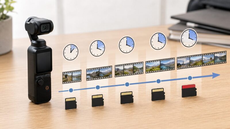 Osmo Pocket 3とmicroSDカードの容量ごとの撮影時間を比較するイメージ