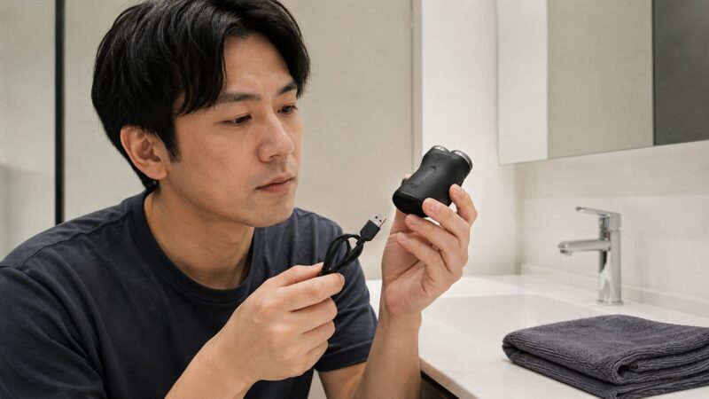 パームインシェーバーのUSBケーブルと充電端子を確認する男性