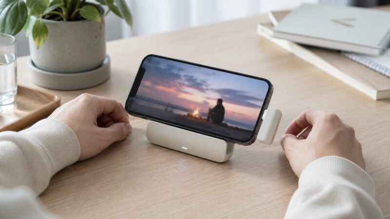 スタンド付き直挿しモバイルバッテリーでスマホを立てて使う様子