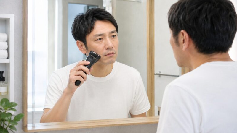 回転式シェーバーを肌に軽く当てて正しい剃り方をする日本人男性