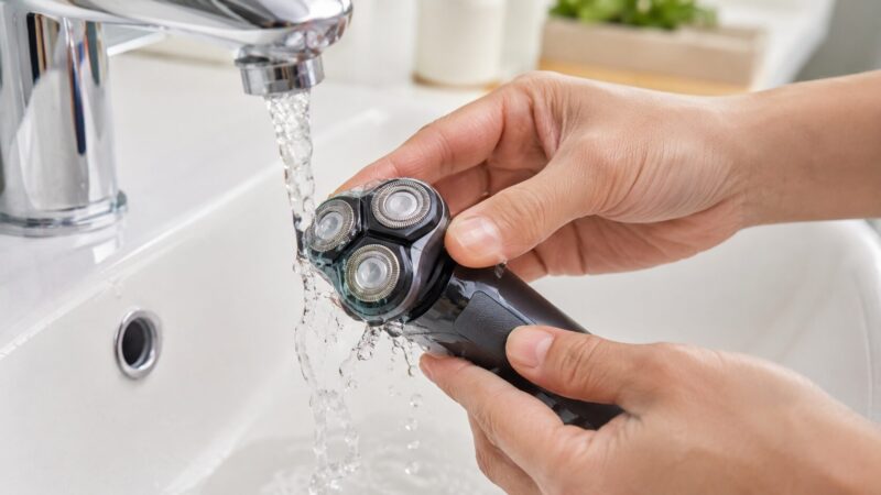 回転式シェーバーのヘッドを水洗いしてヒゲくずの詰まりを取る様子