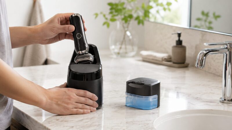 電気シェーバーを洗浄器にセットして清潔に保つメンテナンス画像