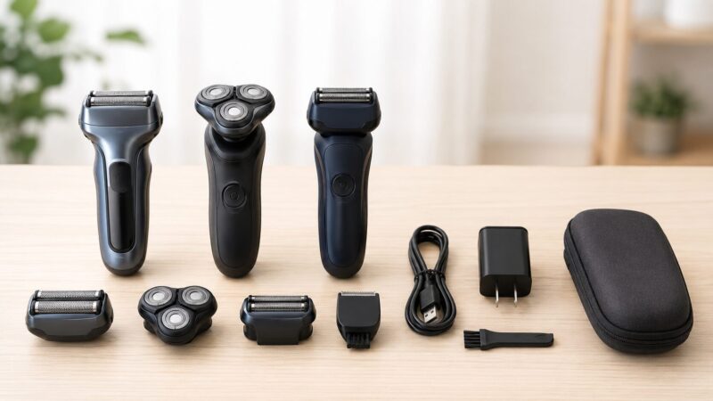 洗浄機なし電気シェーバーの刃や充電方式や携帯性を比較するイメージ