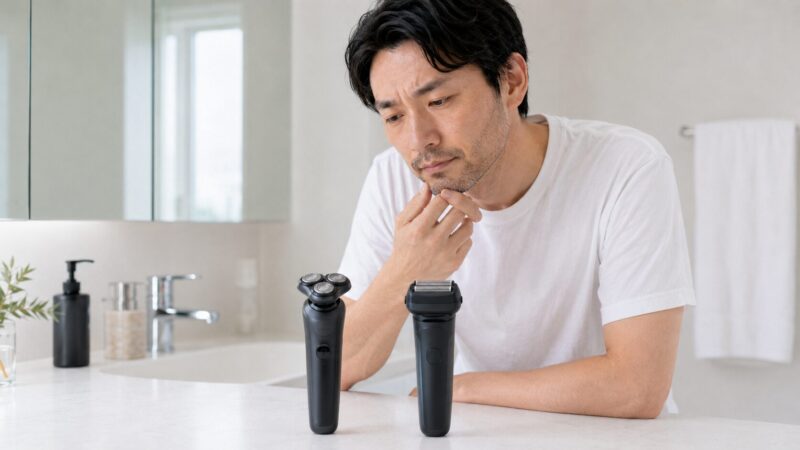 深剃り重視で回転式と往復式を比較する日本人男性