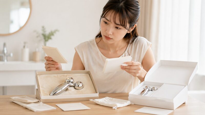 生産終了モデルの美容ローラーの付属品や保証を確認する女性