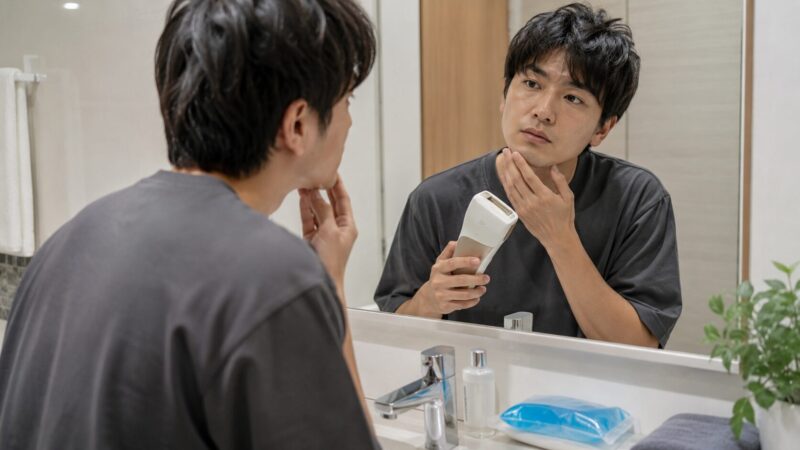男性が髭に家庭用脱毛器を使う前に肌を確認する様子