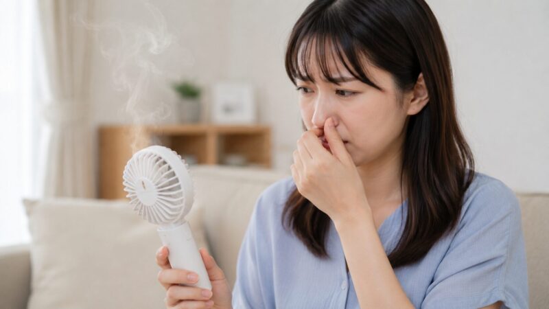 焦げ臭い異臭がするハンディファンに気づく日本人女性