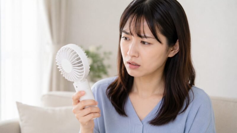 異音がするハンディファンを確認する日本人女性
