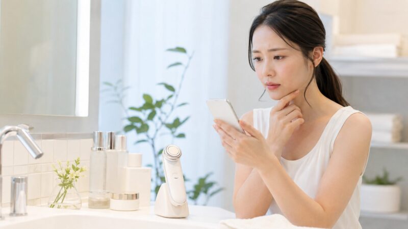 メディキューブ美顔器の痛い口コミを確認しながら使い方を検討する日本人女性
