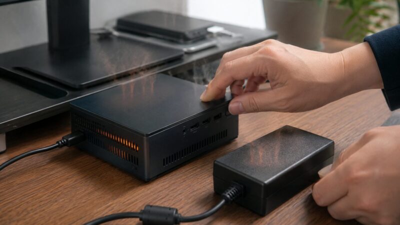 発熱したミニPCとACアダプターを確認する手元
