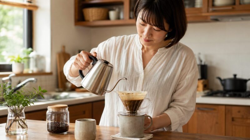 細口ステンレス電気ケトルでコーヒーをハンドドリップする日本人女性