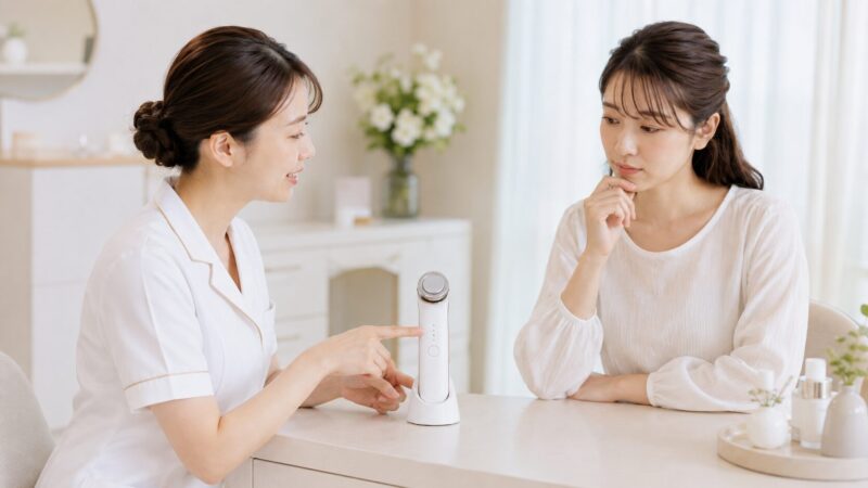 紹介制サロンで美顔器の説明を受けて不安を感じる女性