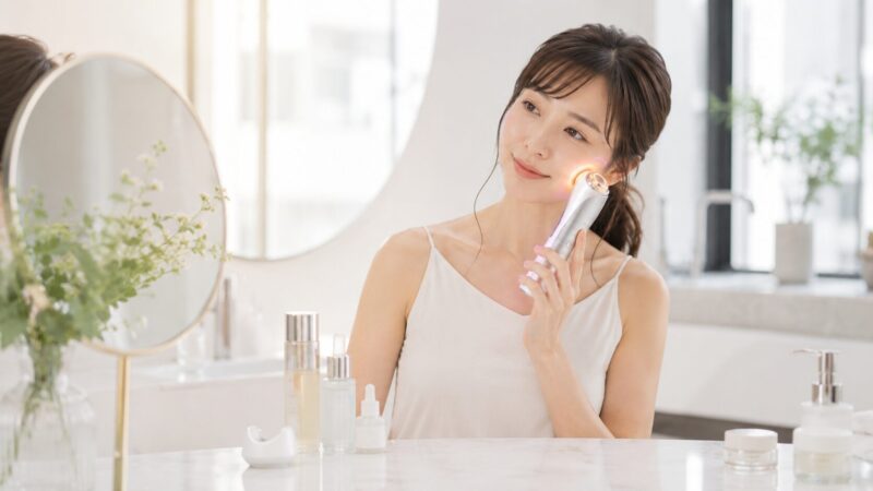- 総合ケア型美顔器で頬をケアする日本人女性のイメージ