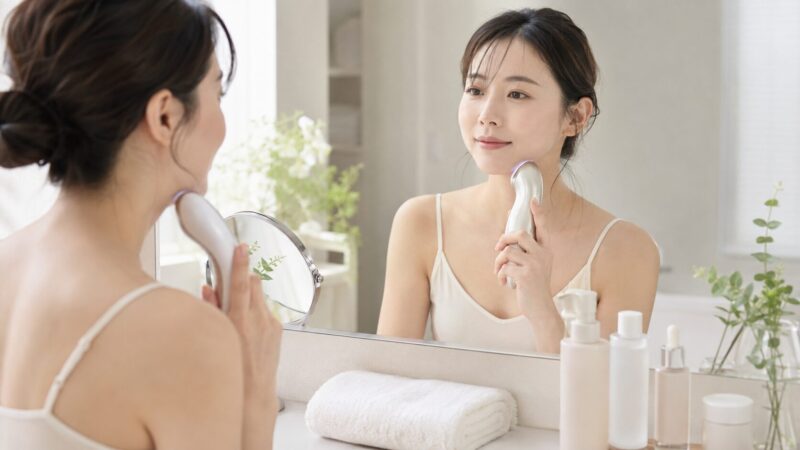 美顔器を肌に負担をかけず安全に使う日本人女性のイメージ