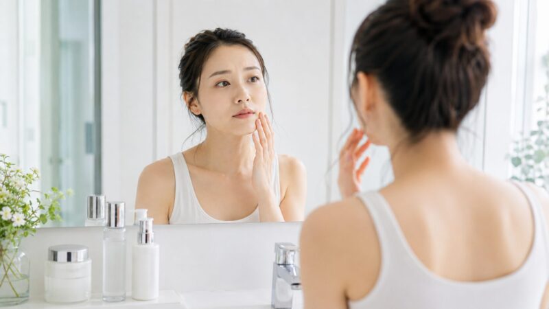 美顔器の痛みに関係する肌の乾燥や口まわりの状態を確認する日本人女性