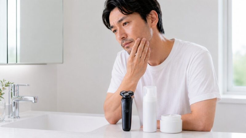 肌荒れを防ぐためにシェーバーと保湿を確認する日本人男性