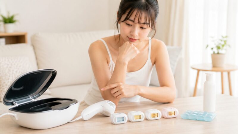 家庭用脱毛器の使用部位とカートリッジを選ぶ様子