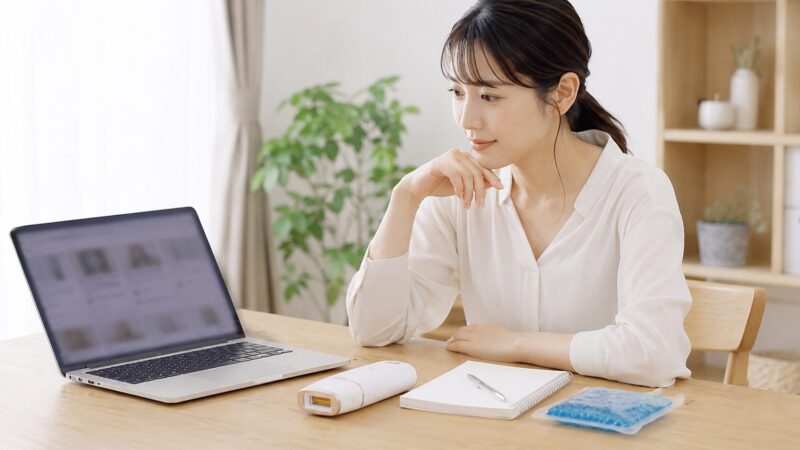 家庭用脱毛器の口コミと評判をパソコンで確認する女性