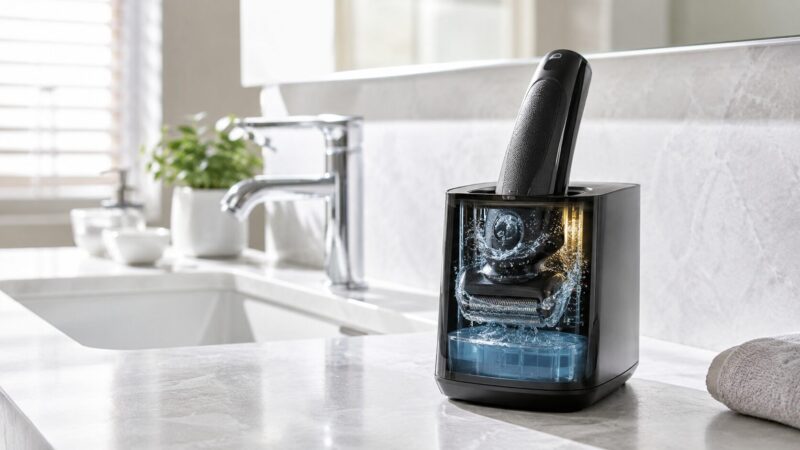 洗浄充電器に電気シェーバーをセットして洗浄乾燥充電する仕組みのイメージ