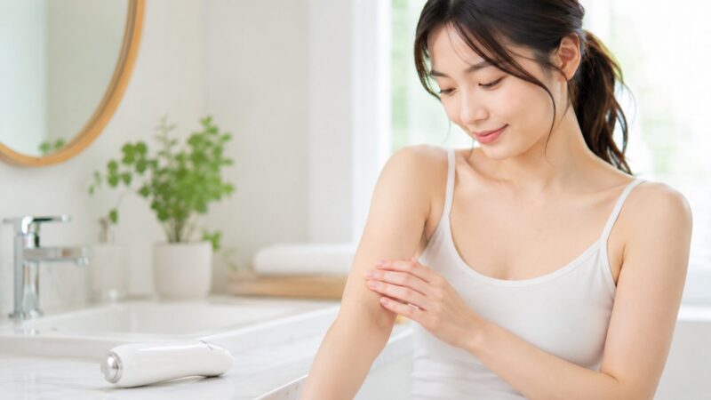 ナノガラス脱毛器使用後のつるつる感を確認する日本人女性