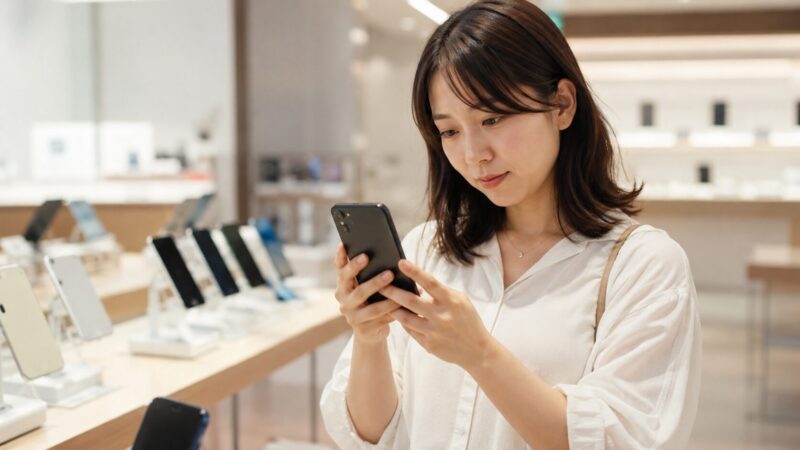 芸能人の使用端末より自分に合うスマホを店頭で確認する日本人女性