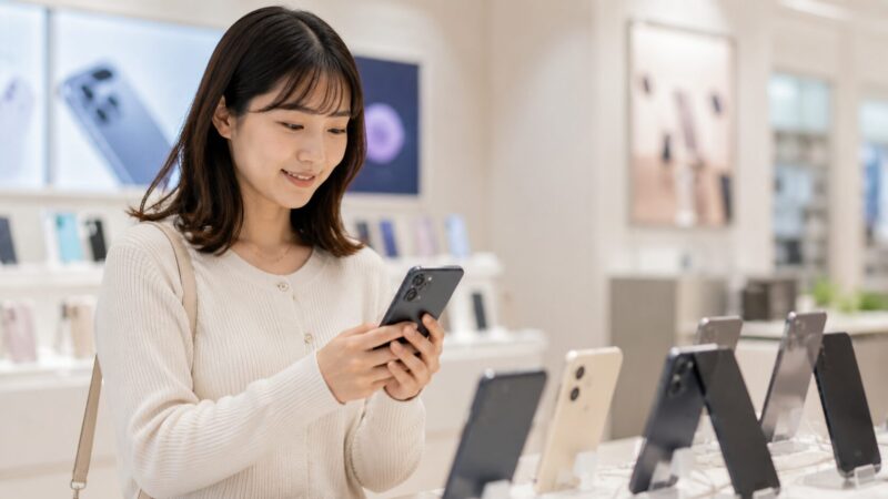 芸能人の使用端末より自分に合うスマホを店頭で確認する日本人女性