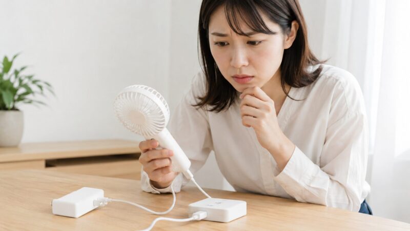落下後にアスファルトの上で確認するハンディファン