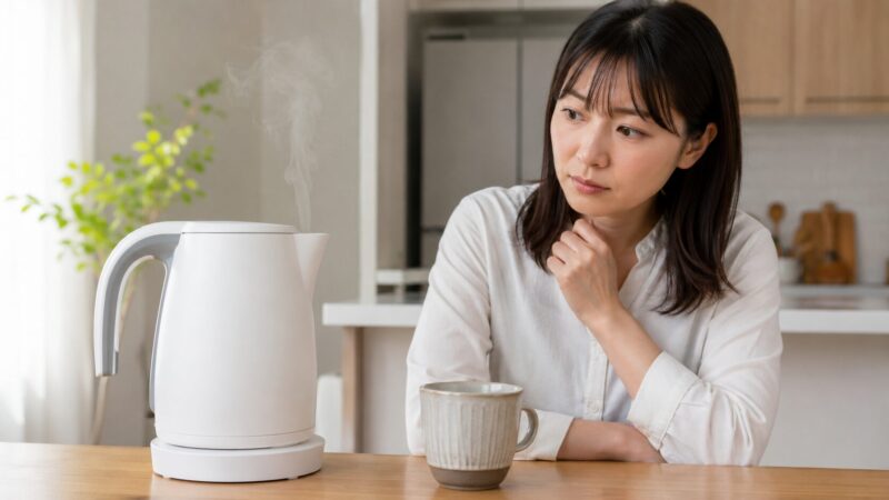 蒸気レス電気ケトルの注ぎ口から薄い蒸気が出ている様子