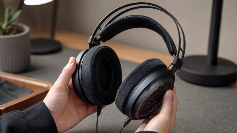 HIFIMAN Aryaのイヤーパッドとヘッドバンドの装着感を確認する様子
