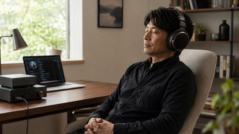 HIFIMAN Aryaを長時間快適に装着して音楽を聴く様子